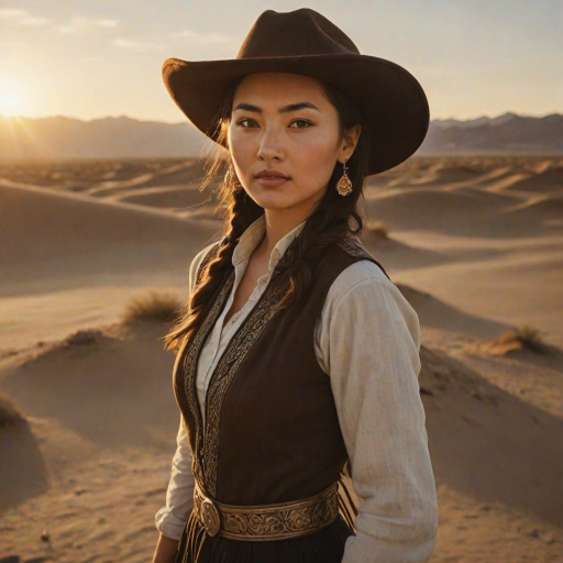 Dramatic photo of a beautiful Uyghur woman, classic cowboy attire, confident and free spirit expression, half-length portrait, centered, golden hour desert landscape, warm, diffused light, low angle, medium format film camera, in style of Annie Leibovitz.