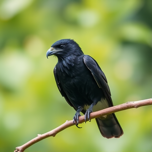 Capture a close-up of a black hawk perched on a branch with a blurred green background, using a DSLR camera with a 50mm lens, aperture set to f/2.8, ISO 400, shutter speed of 1/250s, and a shallow depth of field for enhanced detail and focus on the subject.