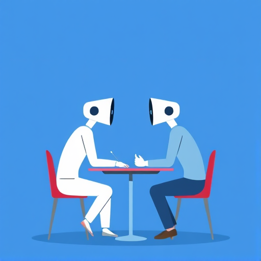 Create an abstract illustration of two people sitting at a table, their heads replaced with loudspeakers, engaged in conversation, background in solid blue, use high resolution, focal length 50mm, aperture f/2.8, ISO 100, soft lighting, and a slight vignette for emphasis.