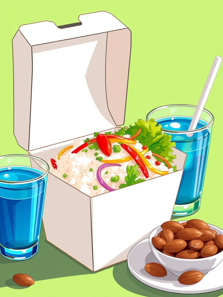 Create a vibrant illustration of an open takeout food box filled with fluffy rice, fresh green lettuce, colorful salad toppings, and a side of dipping sauce next to a cup of blue drink and a plate of almonds, using a soft focus style with a 50mm lens at f/2.8, ISO 100, and 1/125s exposure, with a bright and cheerful green background.