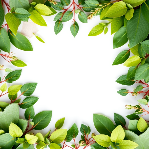 Create a botanical themed border with various green leaves and a blank white center, captured with a Canon EOS 5D Mark IV, 50mm lens, f/2.8 aperture, ISO 200, natural lighting, overhead view, high-resolution.