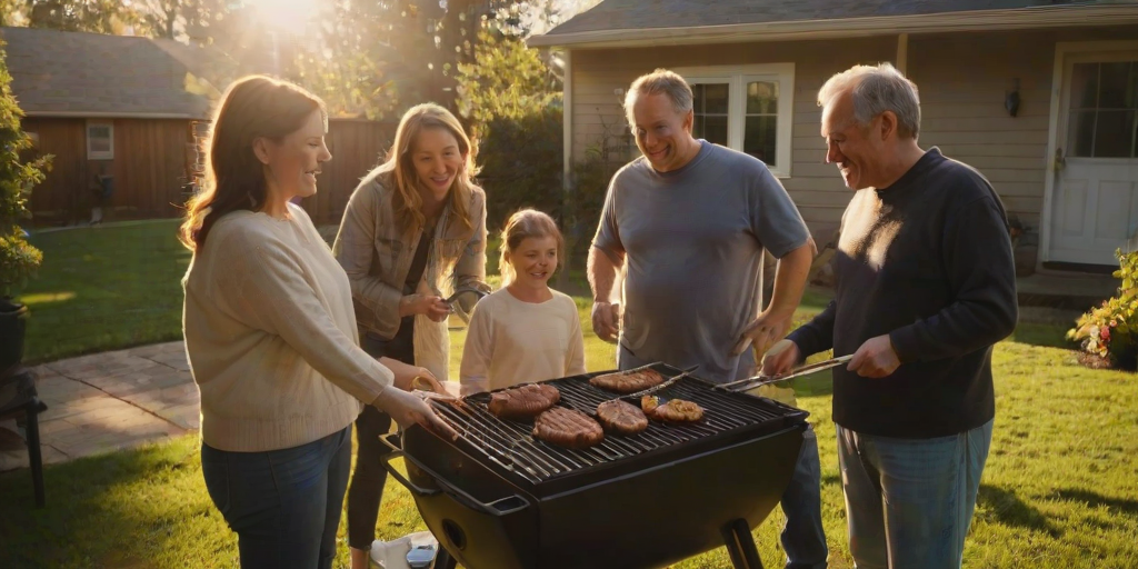 Warmly lit image of a family gathered around a barbecue grill in a sunlit backyard, soft glow from the afternoon sun casting long shadows on the grass, the smell of grilled food filling the air, laughter and conversation frozen in the moment.
