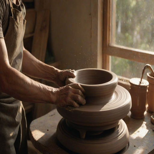 Sharp, detailed image of a pottery wheel in motion, hands shaping a vase from wet clay, sunlight streaming through a nearby window, soft shadows cast on the workbench, the smell of damp earth and the soft hum of the wheel filling the air.