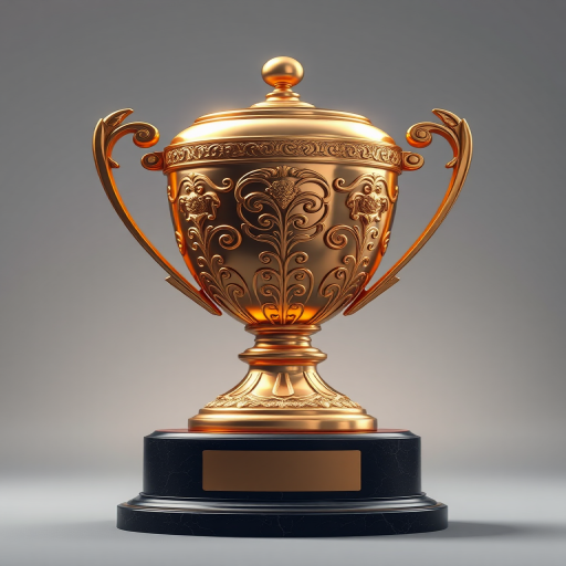 Create a highly detailed digital illustration of a shiny gold trophy with intricate designs on a dark wooden base, with soft studio lighting and a shallow depth of field, captured with a DSLR camera at f/2.8, ISO 100, and a 50mm lens to enhance the image quality and focus on the trophy.