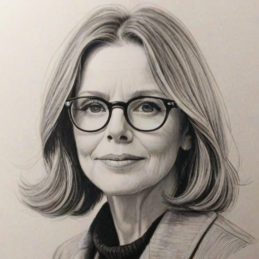 Lovely Diane Keaton, pencil sketch, portrait of Charming woman 1953s in glasses, hair style beatnik, outline, clear lines, fine lines, 8k