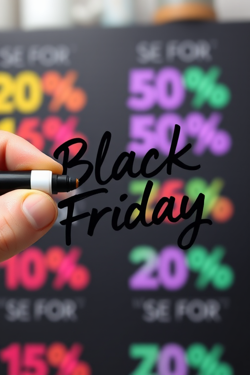 Create an image of the text "Black Friday" being written by a hand with a marker in a bold, elegant script, with colorful percentage discounts blurred in the background, using a Canon EOS R5 camera with a 50mm lens at f/1.8, ISO 100, and a shutter speed of 1/200s for a shallow depth of field and high image quality.