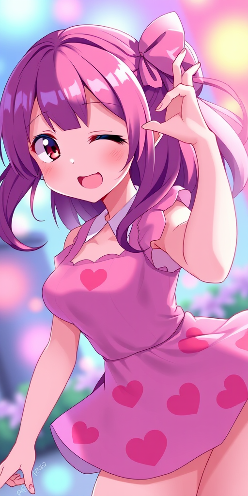 Create a vibrant anime-style illustration of a girl with a winking expression, wearing a pink dress with heart patterns, positioned playfully in a dynamic pose, with a shallow depth of field, ISO 100, aperture f/2.8, 50mm lens, soft lighting, high-resolution digital art.