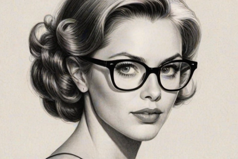 Fetching Ally Walker, pencil sketch, portrait of Gorgeous woman 1959s in glasses, hair style beatnik, outline, clear lines, fine lines, 8k