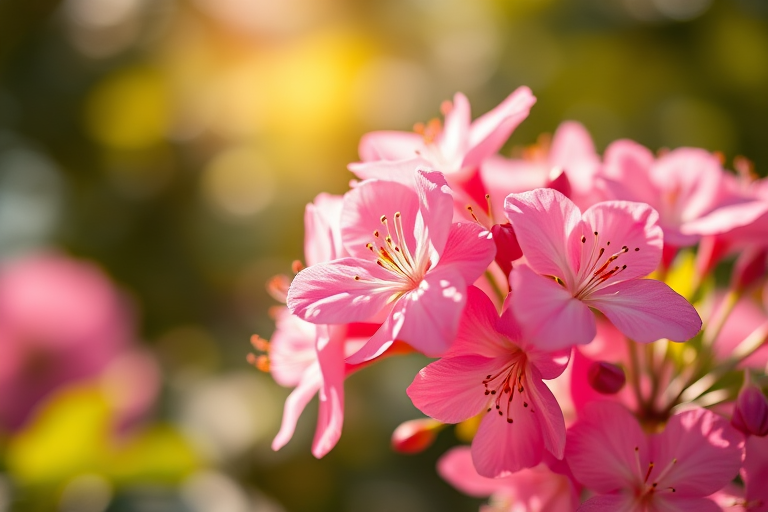close-up of blooming pink flowers in soft sunlight, shallow depth of field, ISO 100, f/2.8, 1/200 sec, macro lens, DSLR camera, soft focus background