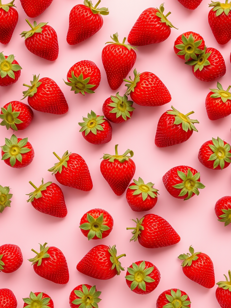 create a seamless pattern of small strawberries on a soft pink background, camera settings f/8, ISO 100, shutter speed 1/125, camera view top-down, camera style minimalistic, camera type DSLR