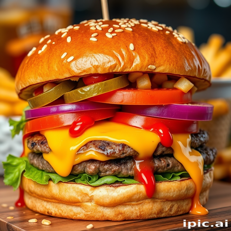 High-resolution, close-up image of a gourmet double cheeseburger. The burger features a glossy, sesame-seed-topped brioche bun. Inside, there are two thick, juicy beef patties, each topped with melted cheddar cheese. The burger is garnished with fresh lettuce, tomato slices, diced onions, and pickles. A generous amount of ketchup and a creamy, orange-colored sauce is dripping down the sides, adding to the mouth-watering appeal. In the background, there are blurred elements including a side of golden French fries and a hint of a beverage, enhancing the overall presentation of a delicious meal.