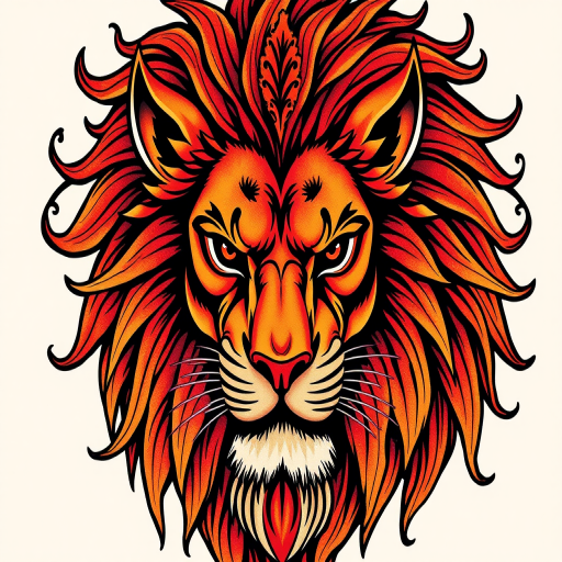 Neo-traditional tattoo "Fierce Guardian" showcasing a majestic lion with a vibrant mane of deep reds and oranges, adorned with ornate filigree details and bold black outlines