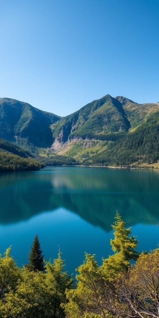 Generate a high-resolution image of a serene landscape featuring a tranquil lake surrounded by lush green mountains under a clear blue sky, using a Canon EOS R5 with a 24-70mm f/2.8 lens, aperture set to f/8, shutter speed 1/125s, ISO 100, in a wide-angle view to capture the entire scene in vibrant colors and fine details.