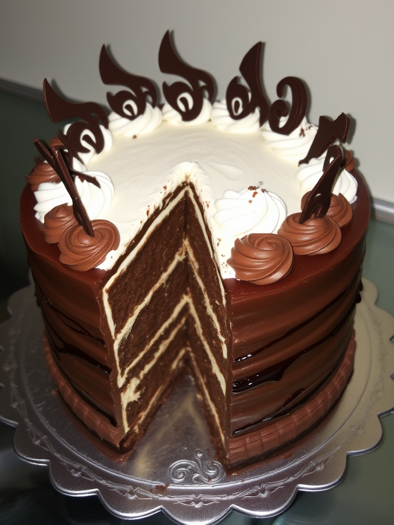 A beautifully decorated chocolate cake with multiple layers and intricate frosting designs topped with chocolate shards and swirls, one slice cut out to reveal the rich, moist layers inside, placed on a decorative silver platter.