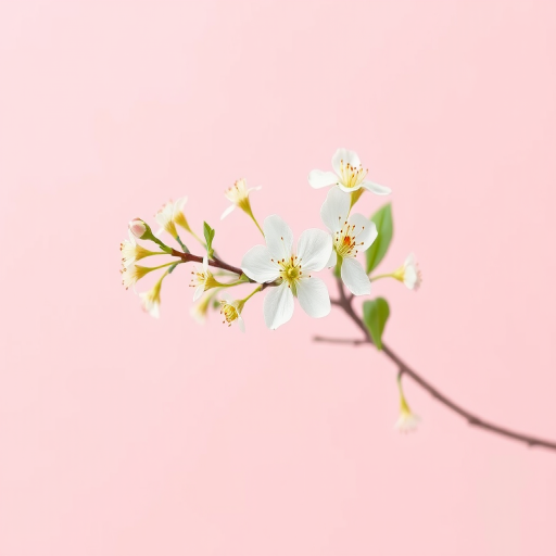Regenerate a minimalist botanical illustration of a flowering branch against a soft pink background, using a 50mm lens, f/2.8 aperture, ISO 100, with a shallow depth of field for a crisp focus on the flowers, in a digital illustration style resembling watercolor.