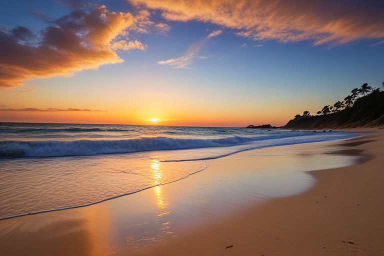 Serene Sunset Over Tranquil Beach with Gentle Waves and Palm Trees