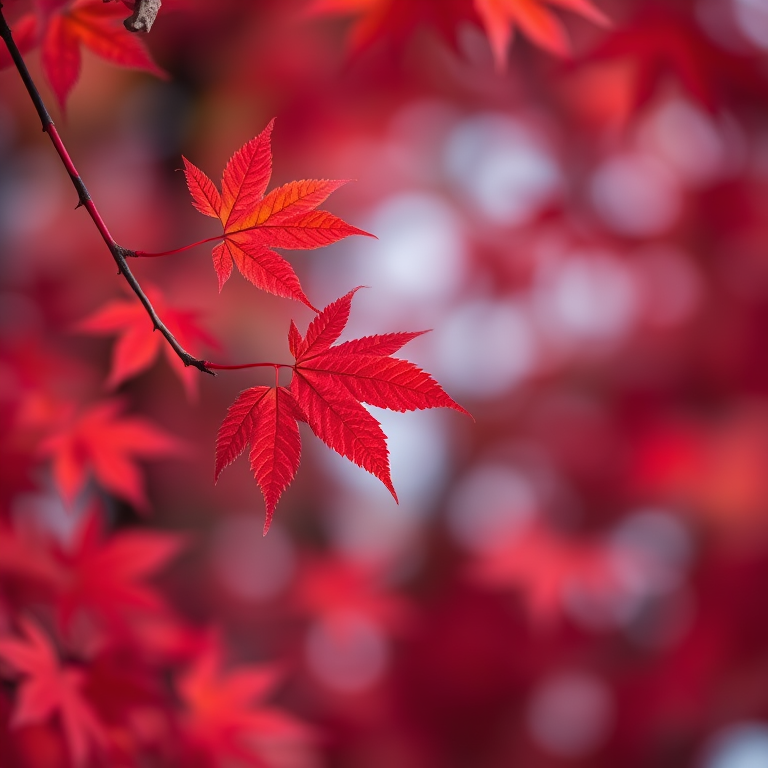 Regenerate a vibrant autumn scene with a bright red maple leaf on a blurred, colorful bokeh background, using a Canon EOS R5 at f/2.8, 1/100s, ISO 200, 85mm lens, with soft focus for enhanced depth and detail.