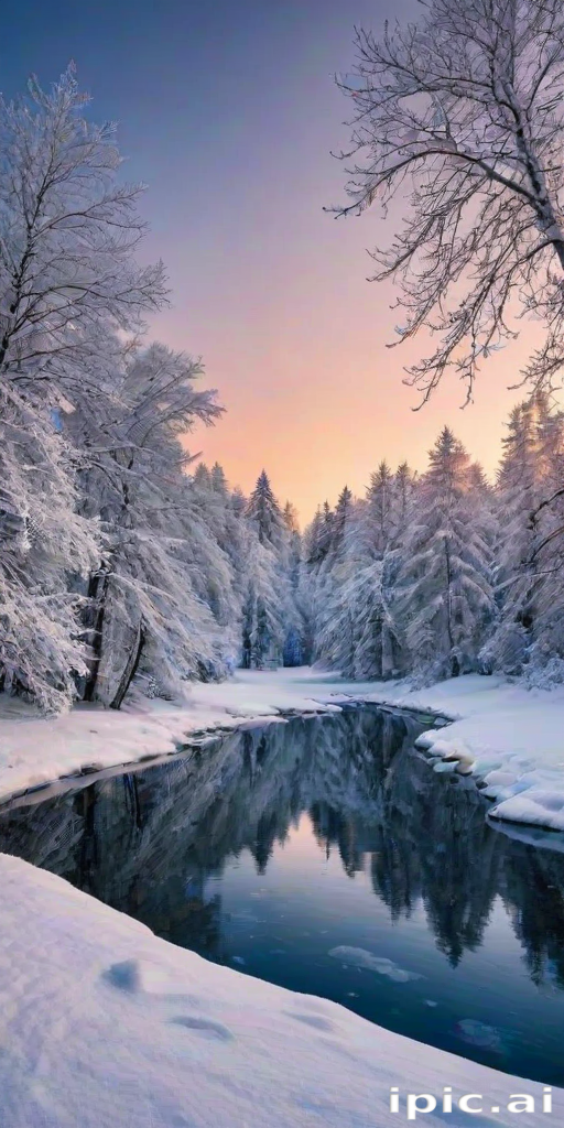 Serene Winter Landscape with Snow-Covered Trees and Reflective River