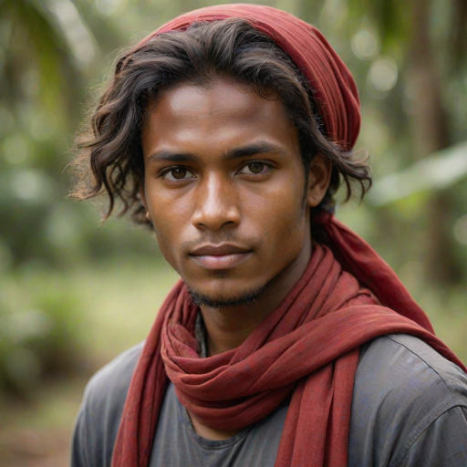Create a portrait of a young Melanesian male with long, dark hair and captivating hazel eyes. She is wearing a red headscarf and a matching scarf draped gracefully around her neck. The background is softly blurred, focusing attention on her serene and natural expression. The overall color palette is muted and warm, enhancing the intimate and authentic feel of the portrait.