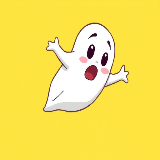 Create an illustration of a cartoon ghost floating with a surprised expression against a bright yellow background, captured with a 50mm lens, aperture f/2.8, ISO 100, in a high-resolution digital style, using a mirrorless camera for enhanced detail and clarity.