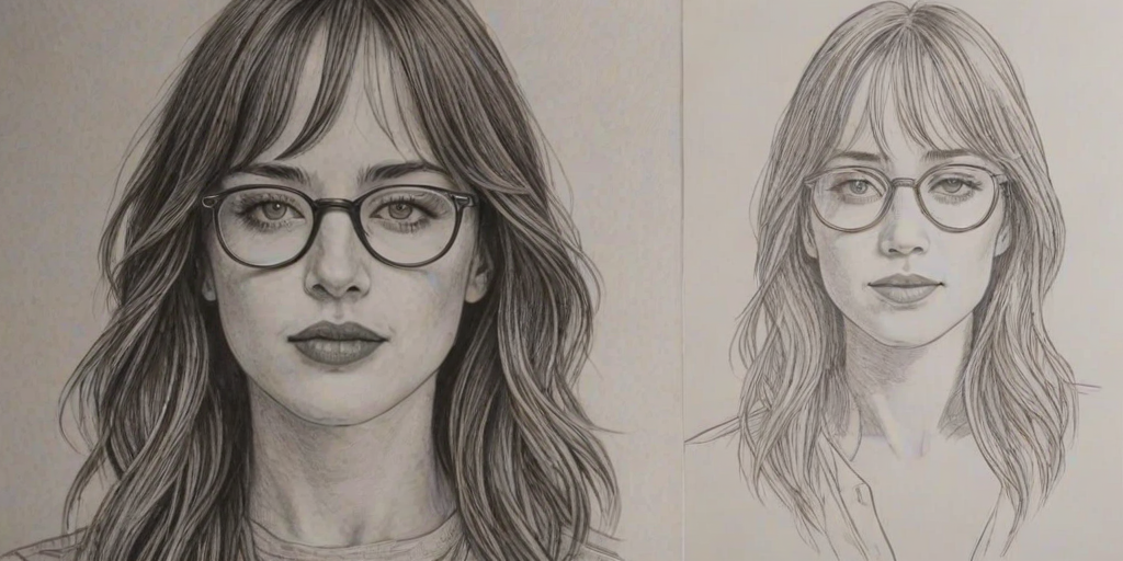Superb Dakota Johnson, pencil sketch, portrait of Captivating woman 1971s in glasses, hair style beatnik, outline, clear lines, fine lines, 8k