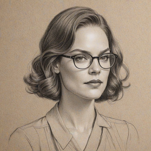 Elegant Ruth Wilson, pencil sketch, portrait of Pleasing woman 1930s in glasses, hair style beatnik, outline, clear lines, fine lines, 8k