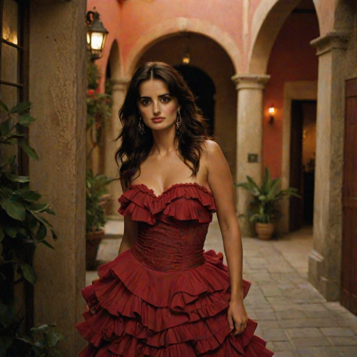 Alluring photograph of Penelope Cruz, celebrated for her performances in "Vicky Cristina Barcelona" and "Volver," capturing her sultry gaze, long dark hair, and full lips, dressed in a flamenco-inspired red dress with ruffles, posed gracefully in a dimly lit Spanish courtyard.