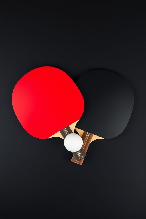 Create a high-resolution, flat lay image of two ping pong paddles, one red and one black, crossed over each other with a white ping pong ball in between them, using a DSLR camera with a 50mm lens, aperture set to f/2.8, ISO 100, at a low angle view for sharp focus and vibrant colors.