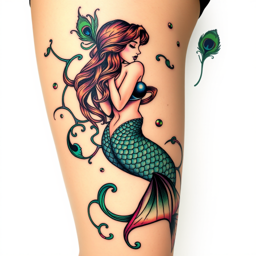Art nouveau-inspired tattoo titled "Mermaid's Reverie" depicting a sultry mermaid entwined with sinuous seaweed and ornate scrollwork, incorporating peacock feather motifs and iridescent color effects, perfect for thigh, side body, or full back placement