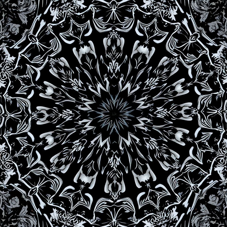 Generate an abstract image of a geometric pattern in black and white with intricate designs, taken with a DSLR camera at 50mm, f/1.8 aperture, ISO 100, using a top-down view and soft-focus style for a dreamy effect.