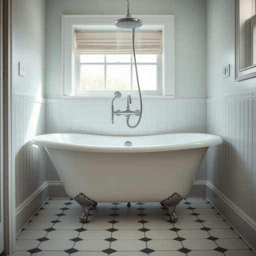 Create a high-resolution image of a vintage freestanding bathtub with a shower head above it, captured with a Canon EOS R5, 50mm lens, f/2.8 aperture, ISO 100, soft lighting from a nearby window, and a slight overexposure for a bright and airy feel.