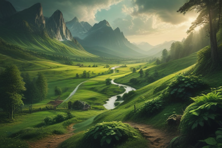 Serene Landscape of Rolling Green Hills and Majestic Mountain Peaks