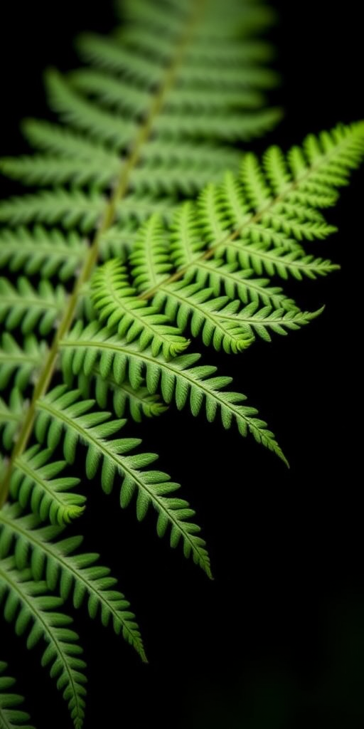 capture a close-up of delicate fern leaves against a black background using a macro lens, aperture f/2.8, shutter speed 1/200s, ISO 100, natural light, DSLR camera