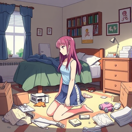 messy, indoors, 1girl, bedroom, bed, messy room, clothing on floor, clutter, kneeling,