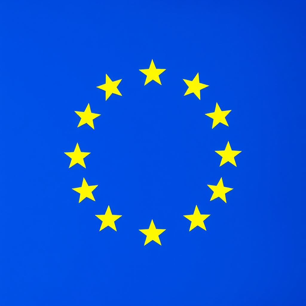 Generate an image of the European Union flag featuring a blue background with a circle of 12 yellow stars in the center, shot with a Canon EOS R5 at f/8, ISO 100, 1/200 sec, using a wide-angle lens for a clear, vibrant look.