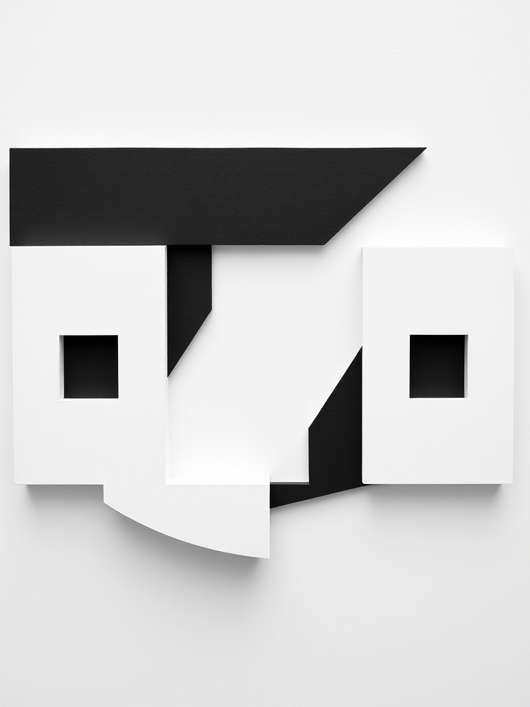 Create an abstract minimalist design featuring geometric shapes with a monochrome color palette, using a DSLR camera with a 50mm lens, aperture at f/2.8, ISO 100, shot from a top-down view for enhanced depth and clarity.