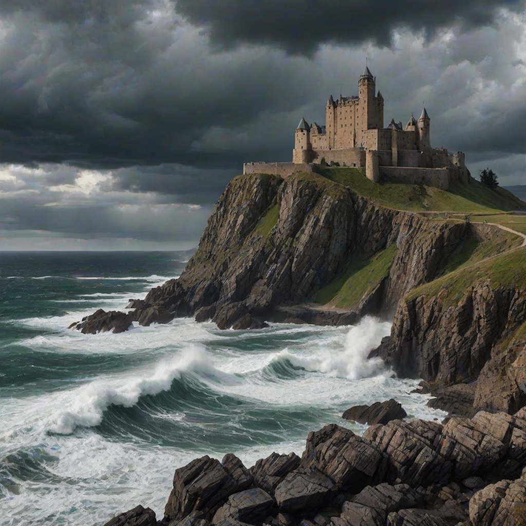 Majestic castle standing on a cliff's edge, with waves crashing against the rocks below, and storm clouds gathering in the distance.