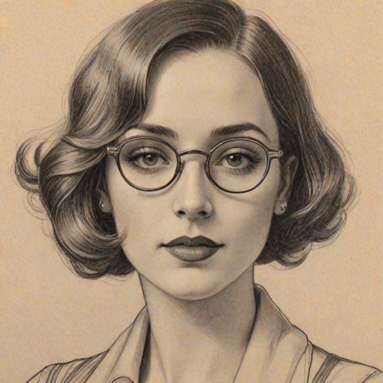 Resplendent Alana Austin, pencil sketch, portrait of Stunning woman 1920s in glasses, hair style beatnik, outline, clear lines, fine lines, 8k