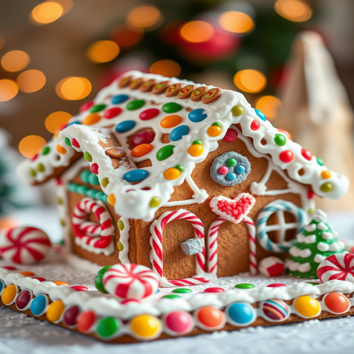 Create a colorful gingerbread house with candy decorations, shot with a Canon EOS 5D Mark IV at f/4, 50mm lens, ISO 100, using a shallow depth of field for a soft background blur.