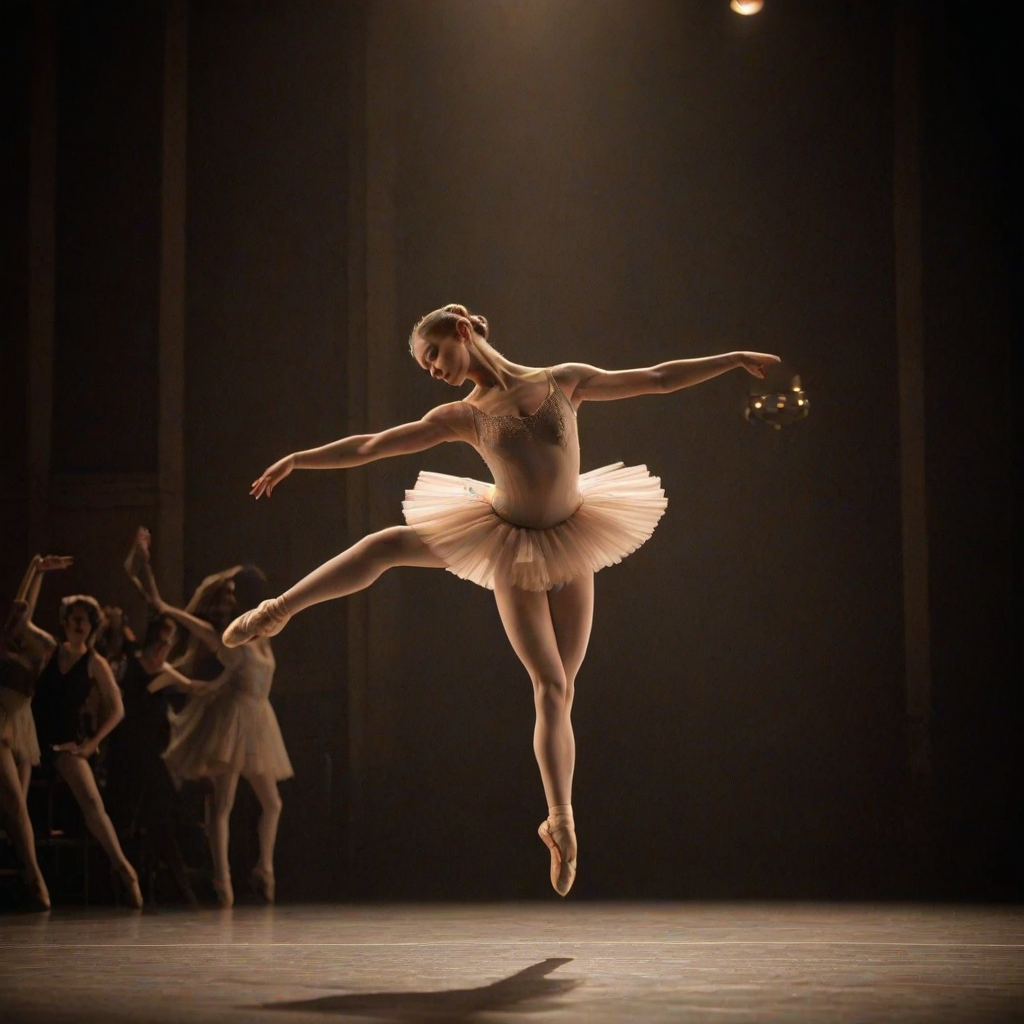 Sharp, high-resolution photo of a ballet dancer mid-leap on a stage, soft light from the spotlight illuminating their graceful form, distant audience members watching in awe, and the sound of classical music filling the air.