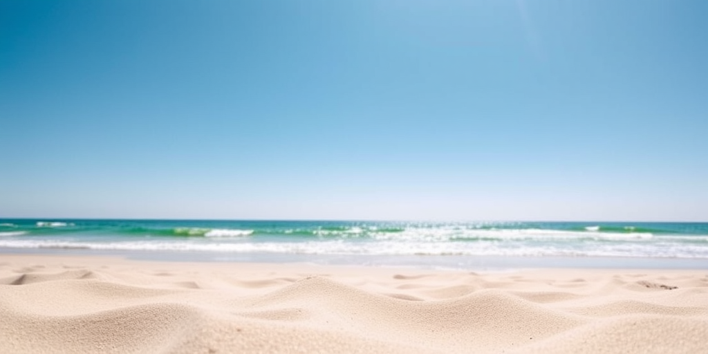 Generate a high-quality image of a bright blue sky above a serene beach scene, focusing on soft sand and distant waves, using a DSLR camera with a 50mm lens at f/2.8, ISO 100, and a shutter speed of 1/200s, capturing a clear and vibrant view in landscape orientation for enhanced detail and depth.