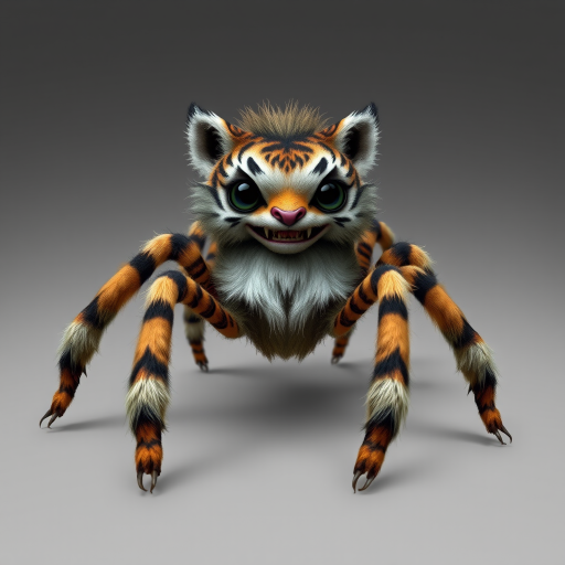 This charming yet frightening Spider Tiger features six legs, a hairy, furry body, and a cat-like tiger physique combined with an insectoid tiger head and tiger legs. The furry head further adds to the creature's unique appearance, creating a captivating blend of cuteness and fear that makes this six-legged, furry, insect-inspired tiger both adorable and scary.