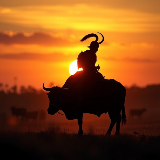 Create an artistic digital painting of a silhouette of a warrior on an ox against a sunset backdrop, capturing a mystical atmosphere with soft, warm colors, using a full-frame camera at f/8 aperture, ISO 100, and a 24mm lens to enhance depth of field and detail.