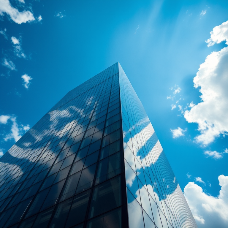 capture a low angle view of a modern skyscraper with reflective glass panels under a bright blue sky with fluffy clouds, use a wide-angle lens at f/8, ISO 100, shutter speed 1/250 sec, in high dynamic range style with vibrant colors, and a DSLR camera