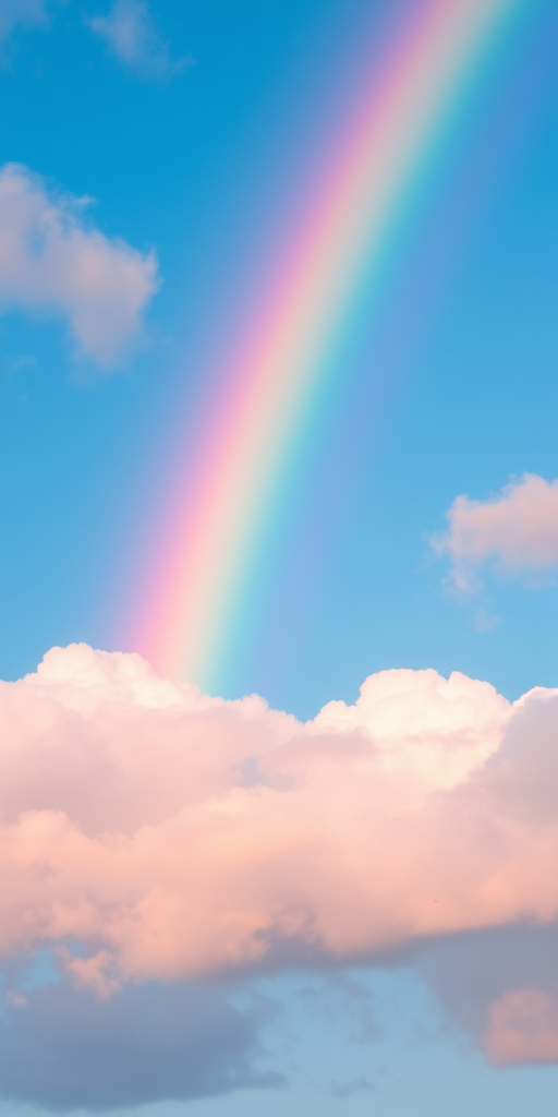 generate an image of a colorful rainbow arching across a bright blue sky with soft, fluffy pink clouds, using a Canon EOS R5 camera, 24mm lens, f/8 aperture, ISO 100, and a soft focus background technique to enhance image quality