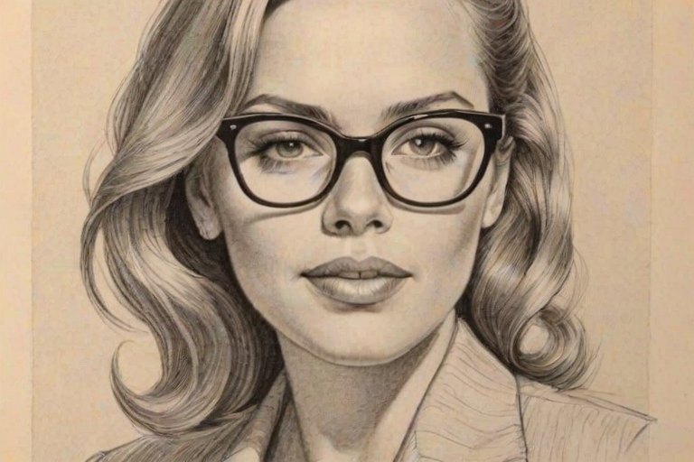 Charming Agnes Bruckner, pencil sketch, portrait of Magnificent woman 1948s in glasses, hair style beatnik, outline, clear lines, fine lines, 8k
