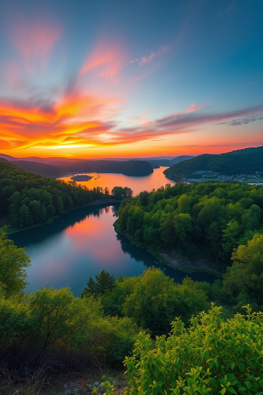 Generate a high-resolution image of a tranquil landscape featuring a serene lake surrounded by lush greenery under a vibrant sunset, captured with a Canon EOS R5 at 24mm, f/8, ISO 100, using a wide-angle lens and natural lighting for enhanced clarity and depth.