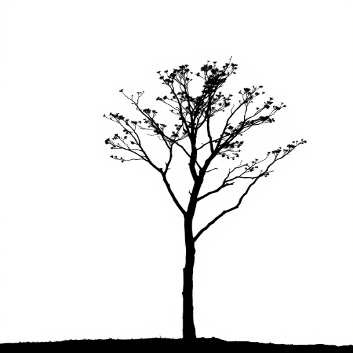 Create a high-resolution image of a minimalist black silhouette of a tree against a white background, using a DSLR camera with a 50mm lens, an aperture of f/2.8, a shutter speed of 1/100s, and ISO 100, captured from a slightly elevated angle to enhance depth.