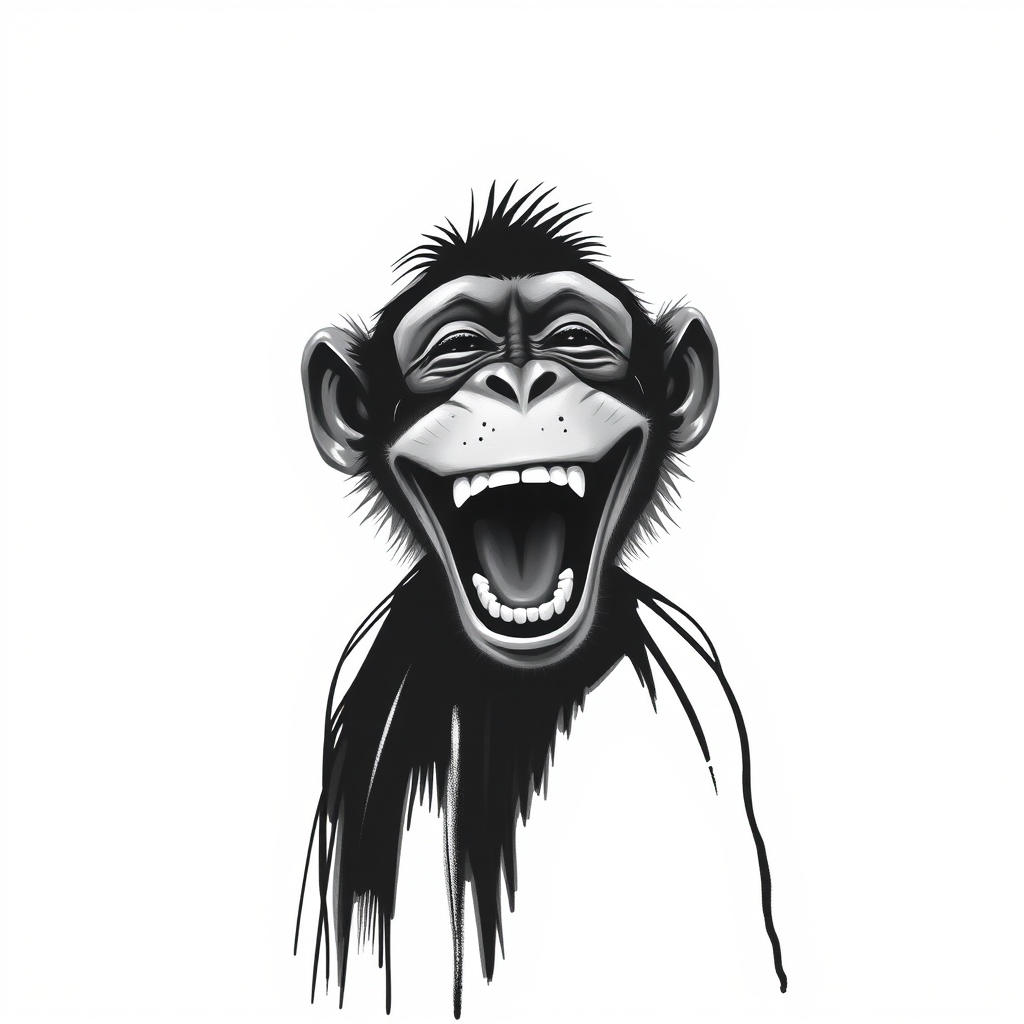 Abstract black and white acrylic portrait of an over exaggerated laughing (monkey). Minimalism style. White background.