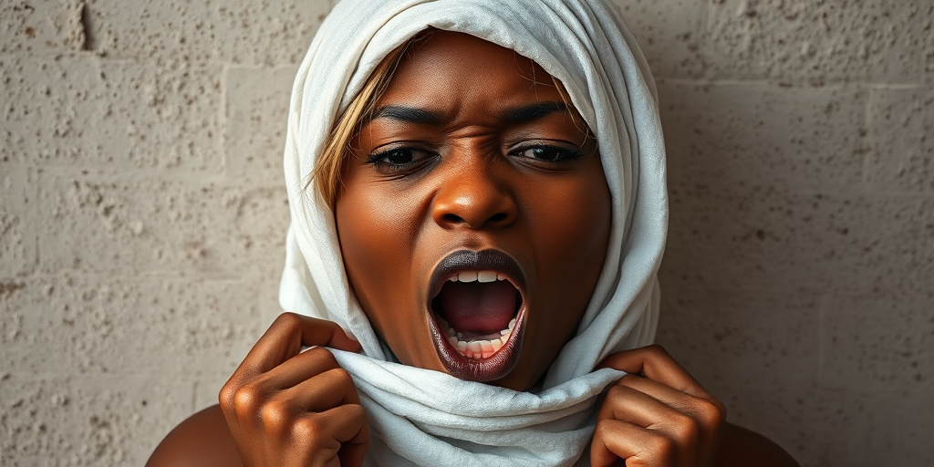 Create a close-up photographic image of a Cape Verdean woman with light skin tones shown against an old, worn wall. Their head is wrapped in a white cloth covering (i.e.... parts of the head except the nose and mouth, which are open as if they are screaming...), with a slight texture and visible folds in the fabric. Thin strands of blonde hair escape from the wrapping above, falling lightly at the top and sides. Their hands hold the fabric as if they are tugging nervously. The lighting is dramatic and even, casting strong shadows. The image has a minimalist and surreal style with an emphasis on simplicity with soft color tones. The composition is centered.